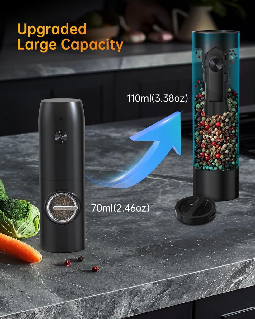 CIRCLE JOY Electric Pepper USB Salt and Pepper Adjustable 110ml Charging White LED Set of Black Mill, Rechargeable, Grinder, Coarseness, Container,