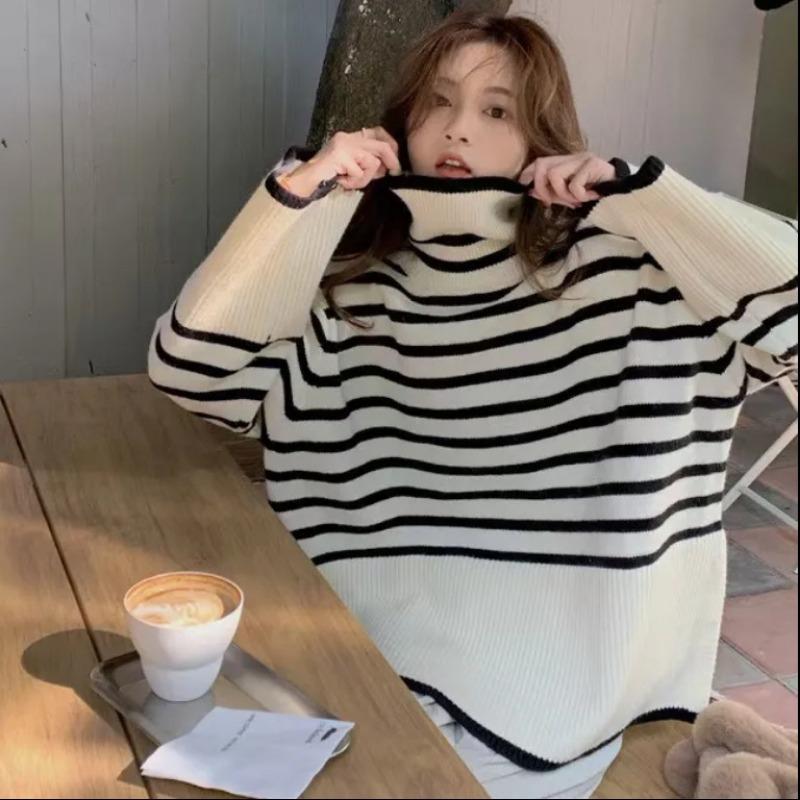 Striped turtleneck knitted sweater contrasting color turtleneck pullover sweater design sense loose versatile knitted top women