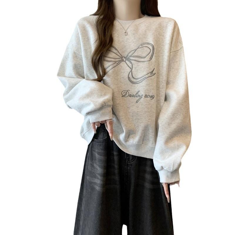 Womens Bow Embroidery Cotton Sweatshirt With 3d Design For Casual Wear