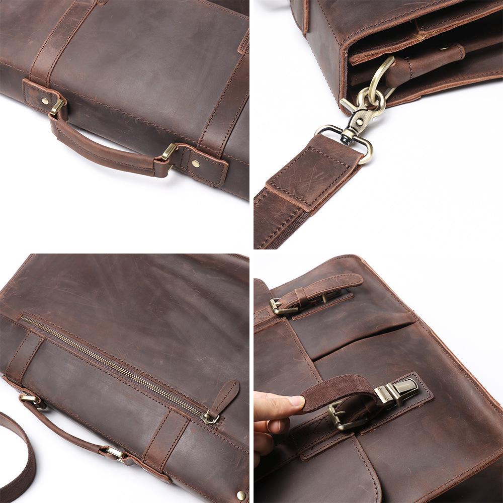 Men's Retro Crazy Horse Leather Crossbody Briefcase - Large Capacity Genuine Cowhide Handbag