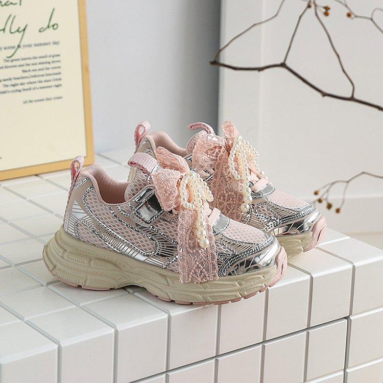 Korean version of girls' dad shoes lightweight platform pearl lace princess sneakers spring single shoes girls running shoes non-slip