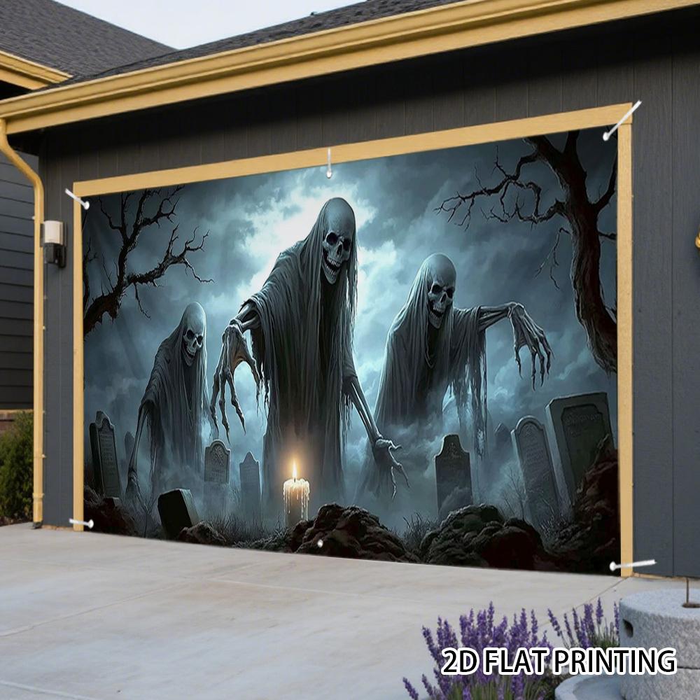 1 piece of Halloween zombie cemetery 2D garage door banner - Large colorful horror background with skulls.PMJ