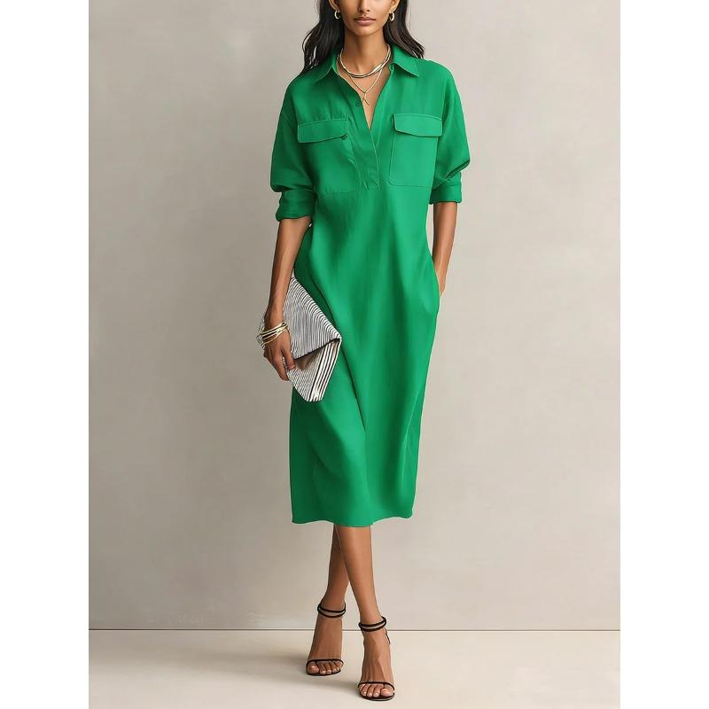 QICED Fashion Summer Spring Solid Color Print V-Neck Casual Dresses