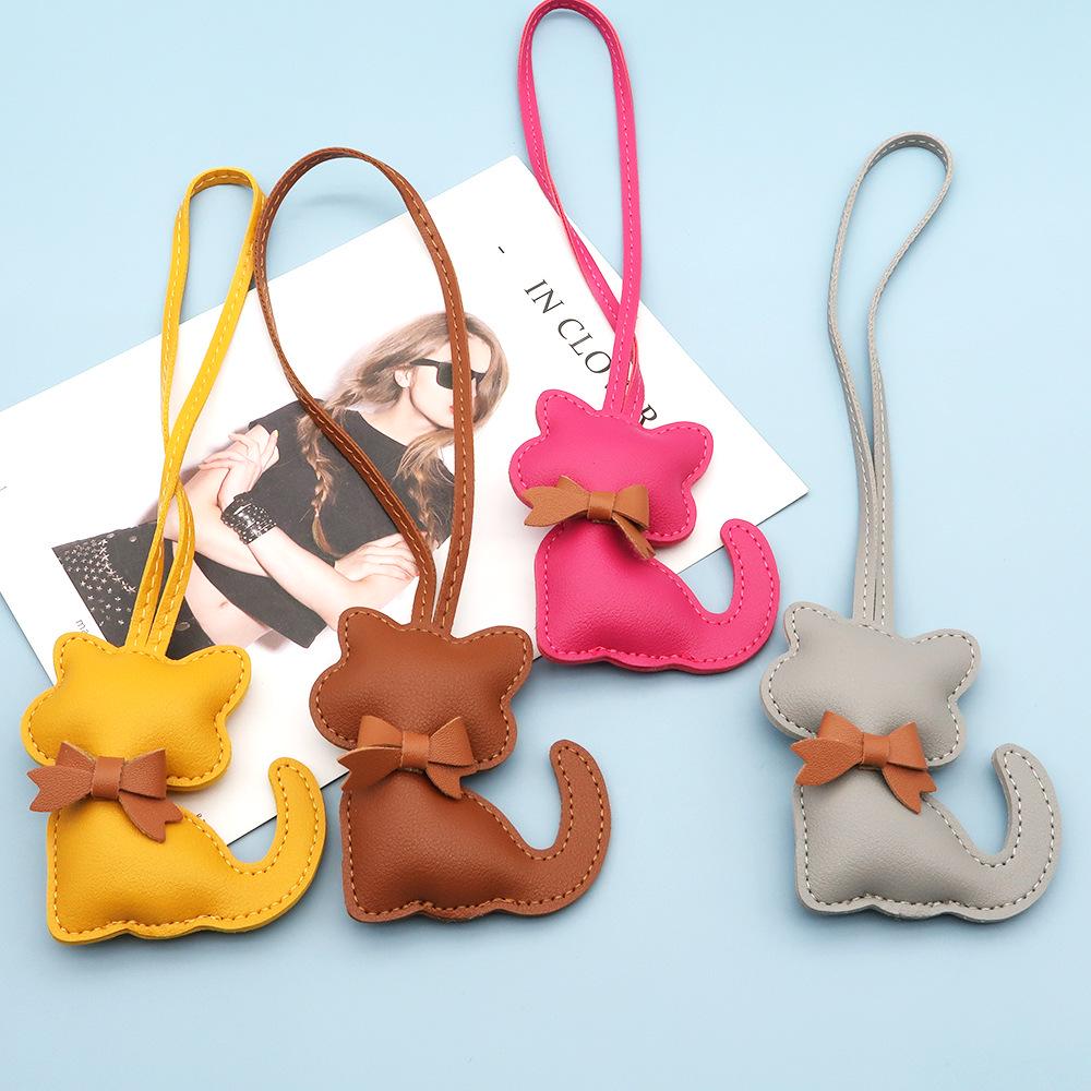 Cute Cartoon Kitten Bowknot PU Leather Bag Charm - Women's Accessory & Gift