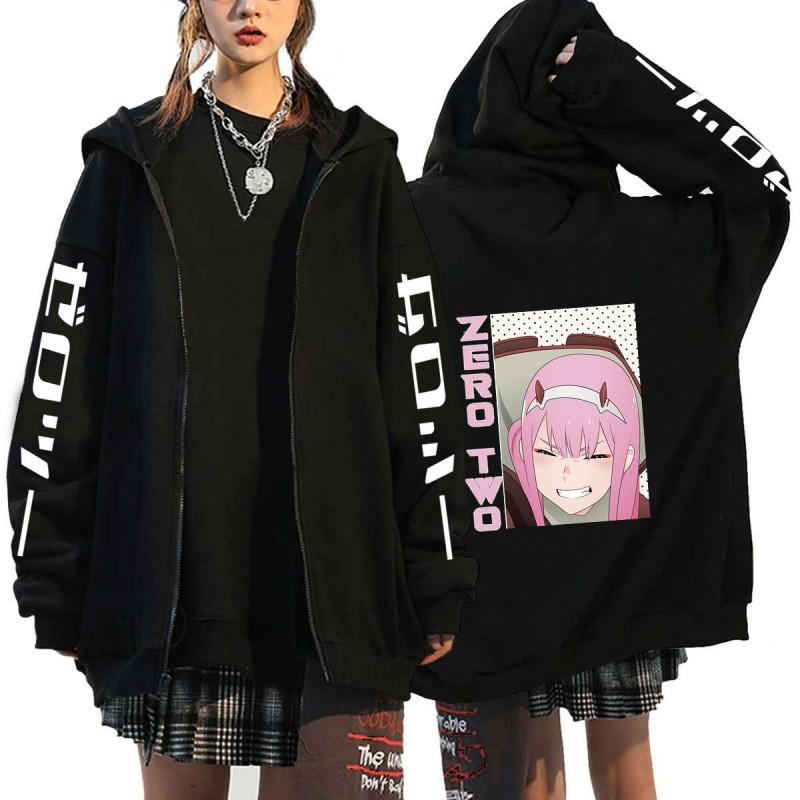 Anime Zero Two Darling In Franxx Hooded Zip-Up Sweatshirt Mens Oversized Fleece Lined Casual Pullover