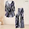 Women Plus Size Round Neck Three Quarter Sleeve Purple Black Gray Printed Flared Top Flared Pants Two Piece Set