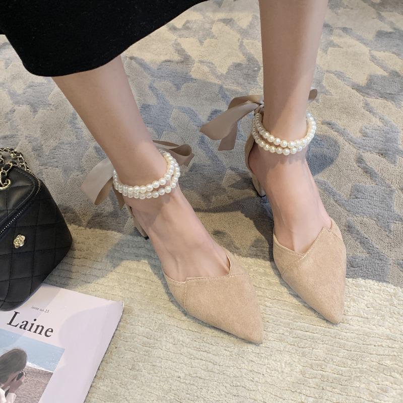 New Women's Versatile 5cm High Heel Shoes Fairy Style Mid-high Thick Heel Pointed Toe French Style Pearl Single Shoes