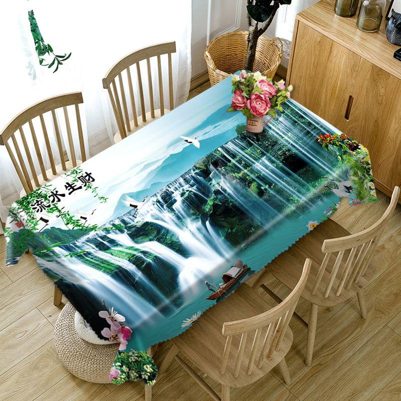 Chinese Style Tablecloth Waterfall And High Mountains Landscape Pattern Washable Thicken Rectangular Table Cloth For Wedding