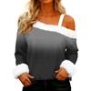Women's Off-the-shoulder Plush Neck Printed Long-sleeved Pullover T-shirt Top