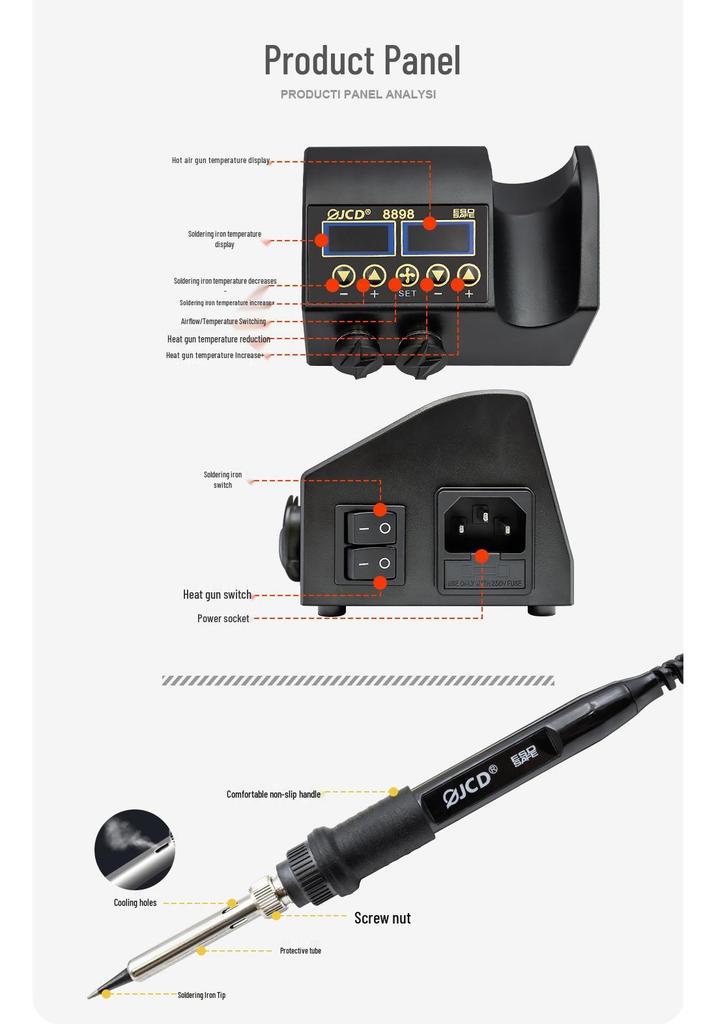 JCD 8898 Dual Digital Display 750W Hot Air Gun & Temperature-Controlled Electric Soldering Station