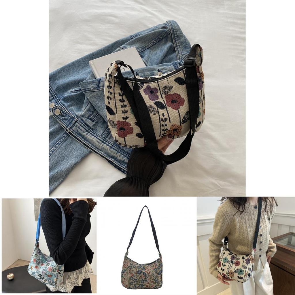 Stylish Casual Artistic Printed Crescent Bag In Deep Blue And Cream For Trendy Outings