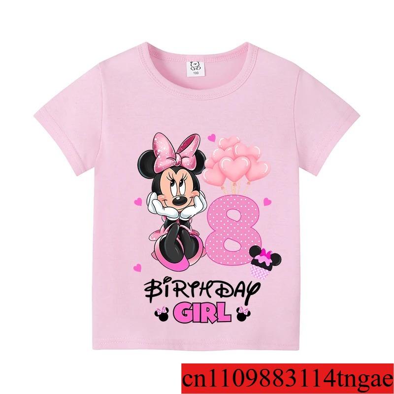 Disney Minnie Mouse Birthday Number T-Shirts Cartoon Girls Party Clothes Toddler Tops Summer Short Sleeves Cotton Tees Kids Gift