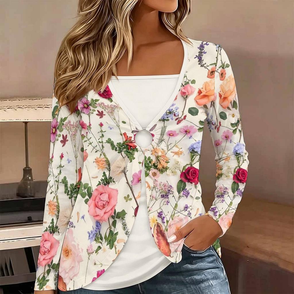 Tops for Women Floral Print Long Sleeve Fake Two‑Piece Top Fall Casual Slim Pullover Women's Long Sleeve Top