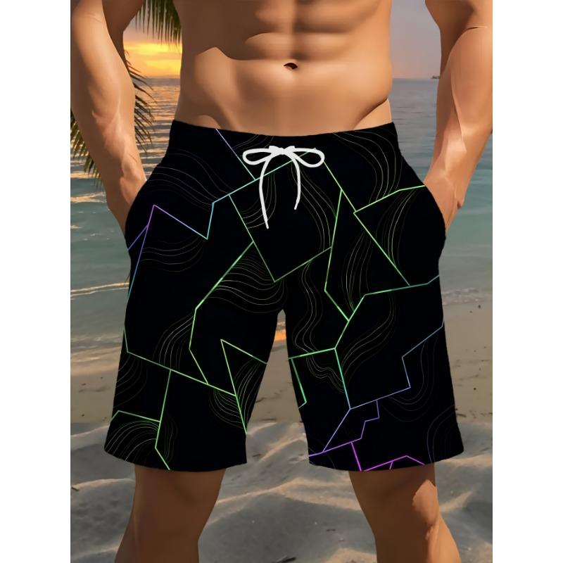Men s Beach Shorts, Stick Block Pattern 3D Print, - Casual Polyester Drawstring Waist, Men s Swim Shorts, Swim Shorts for Men S