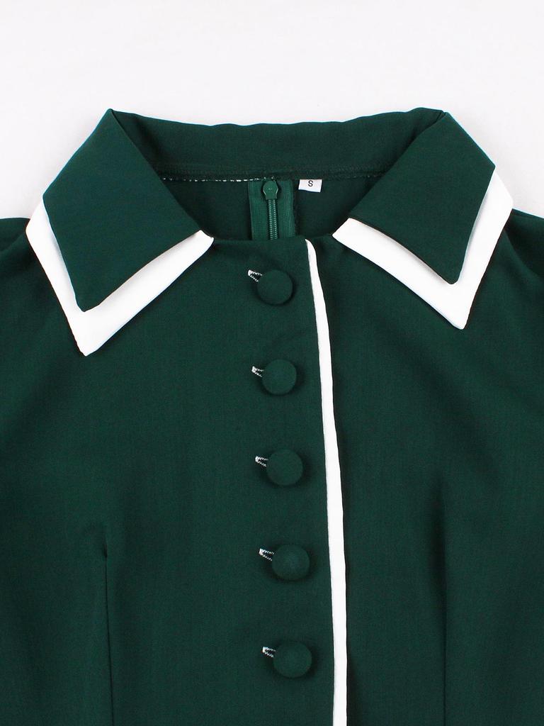 Europäisches Retro-Midikleid mit doppellagigem Revers, kurzen Ärmeln und taillenbetonendem Design für Damen