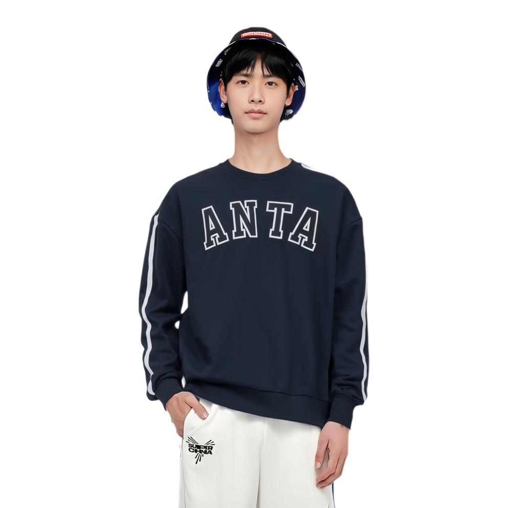 Anta Letter Crew Neck Pullover Sweatshirt Men Tops Basic-Black 952338704-3
