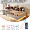 Upholstered Bed 90 X 200 Cm, Multi-Level Storage Compartments, LED Lighting, Integrated Sockets Headboard, Side Table, Padded Backrest, Light Grey