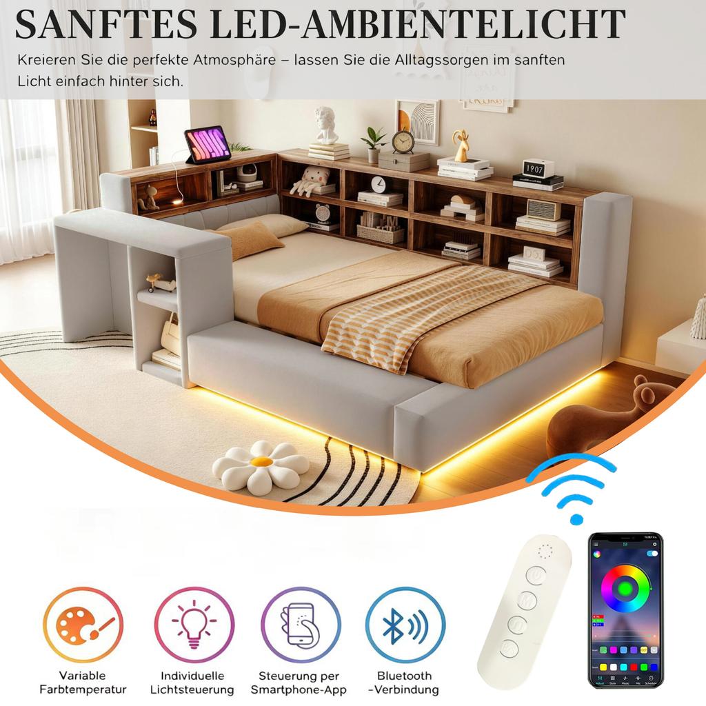Upholstered Bed 90 X 200 Cm, Multi-Level Storage Compartments, LED Lighting, Integrated Sockets Headboard, Side Table, Padded Backrest, Light Grey