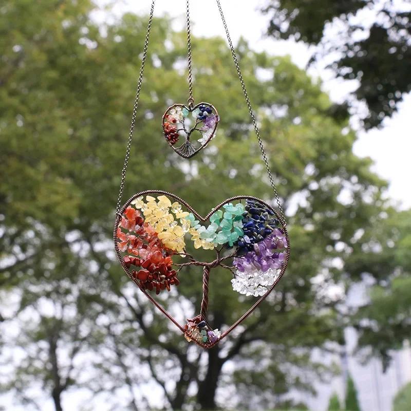 Dreamcatcher Double Heart Tree of Life Hanging Ornament Chakra Feng Shui Gemstones Spiritual Meditation Garden Home Decoration
