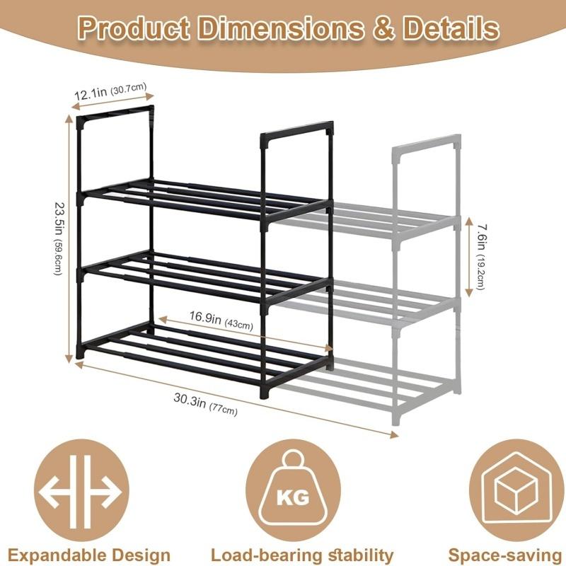 Extendable Shoe Rack 3 Tiers Metal Telescopic Shoe Stand 43-78 Cm Black