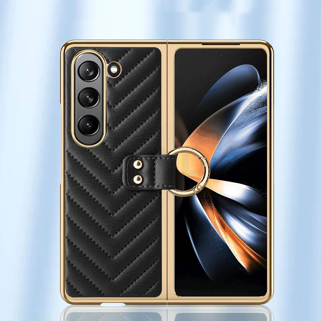 Elegant Plating Leather Ring Bracket for Samsung Galaxy Z Fold 6 5 4 3 Magnetic Case with Tempered Film Folding Shockproof Cover