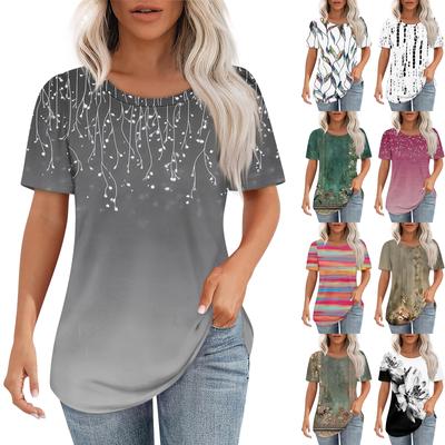 T Shirts For Women Pleated Round Neck Dressy Casual Blouses Printing Short Sleeve Summer Tops Loose Fit