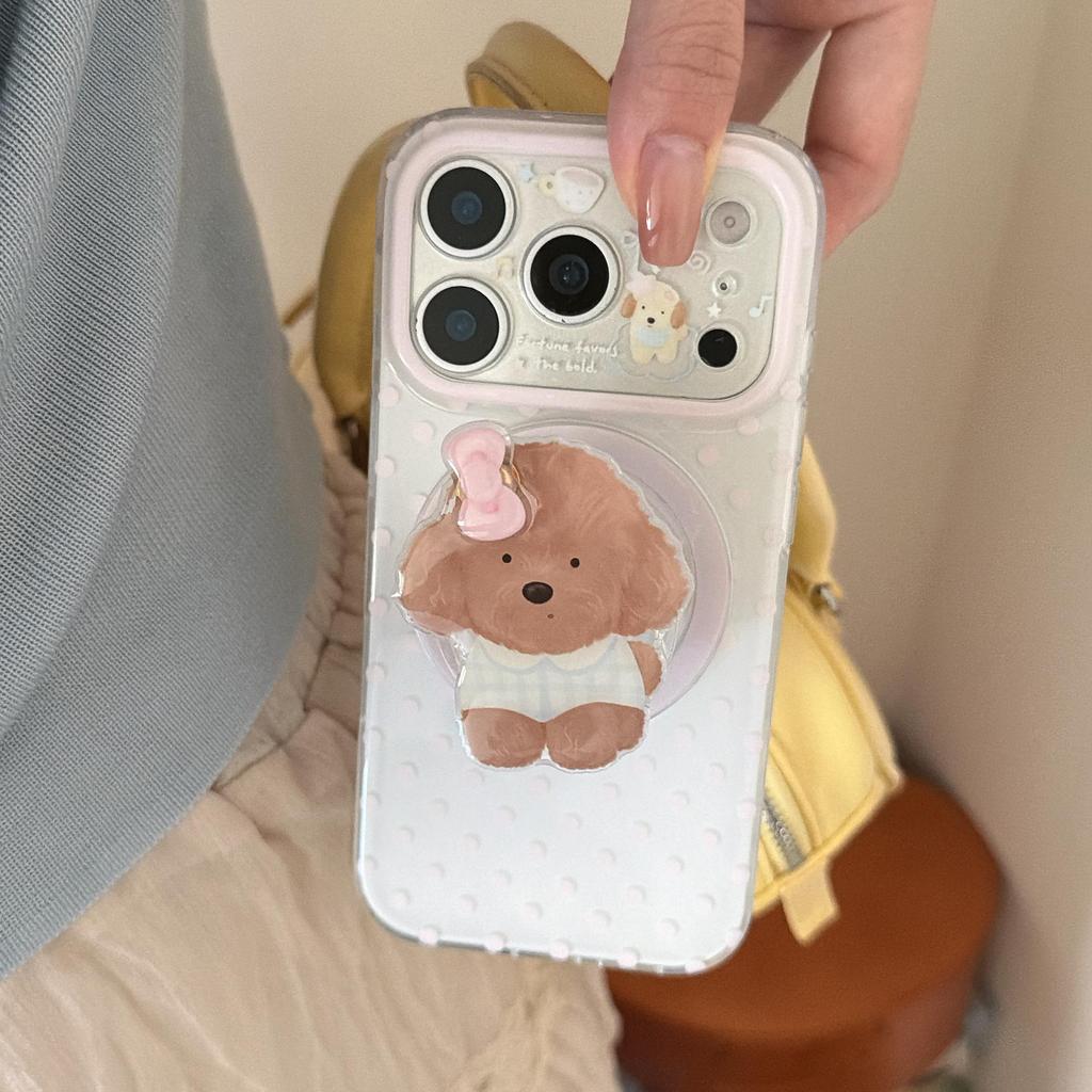 Korean-Style Pink Polka Dot iPhone 17/16/15 Case with Brown Puppy Stand, Compatible with 17 Pro Max for Women