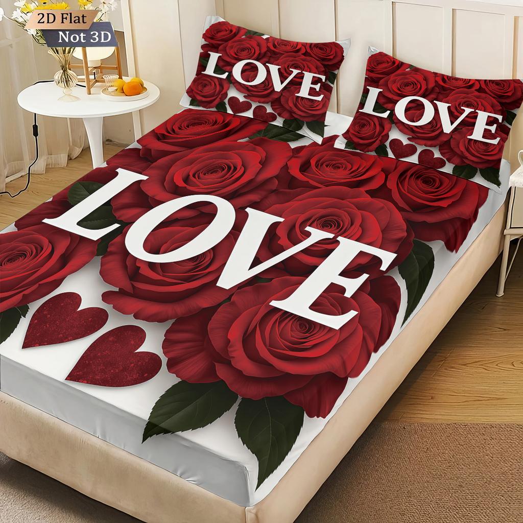 3pcs Valentine's Day Red Rose Print Coreless Bed Sheet Set Multi Size Soft Bedcover Bedroom Bedding Decoration Machine Washable