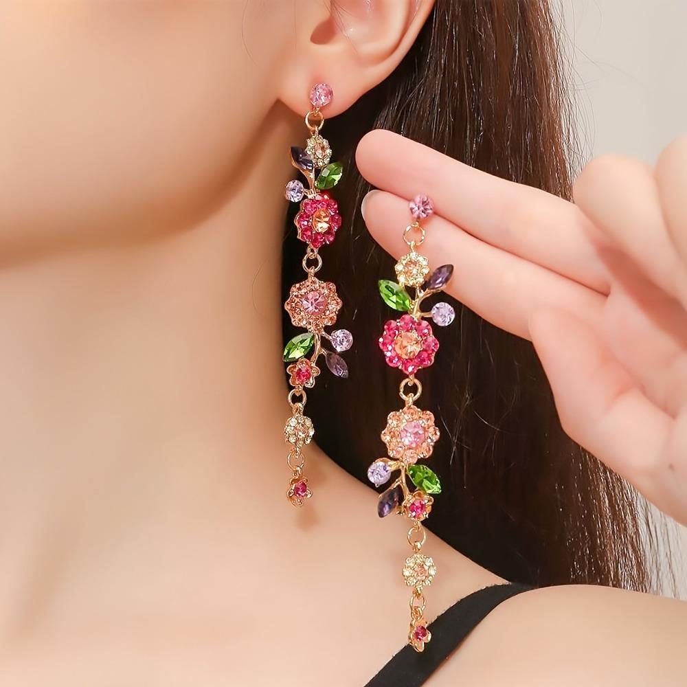 Exquisite flower design, fully artificial crystal inlay, long pendant earrings, elegant rural style, exquisite female gift