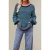 Dames Zwart&Beige Gestreept Gebreide Trui Rode Afwerking Losse Ronde Hals Casual Top met Lange Mouwen