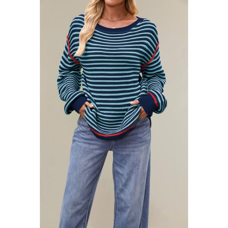 

Women s Black&Beige Striped Knit Sweater Red Trim Loose Round Neck Casual Long Sleeve Top S темно-синього кольору