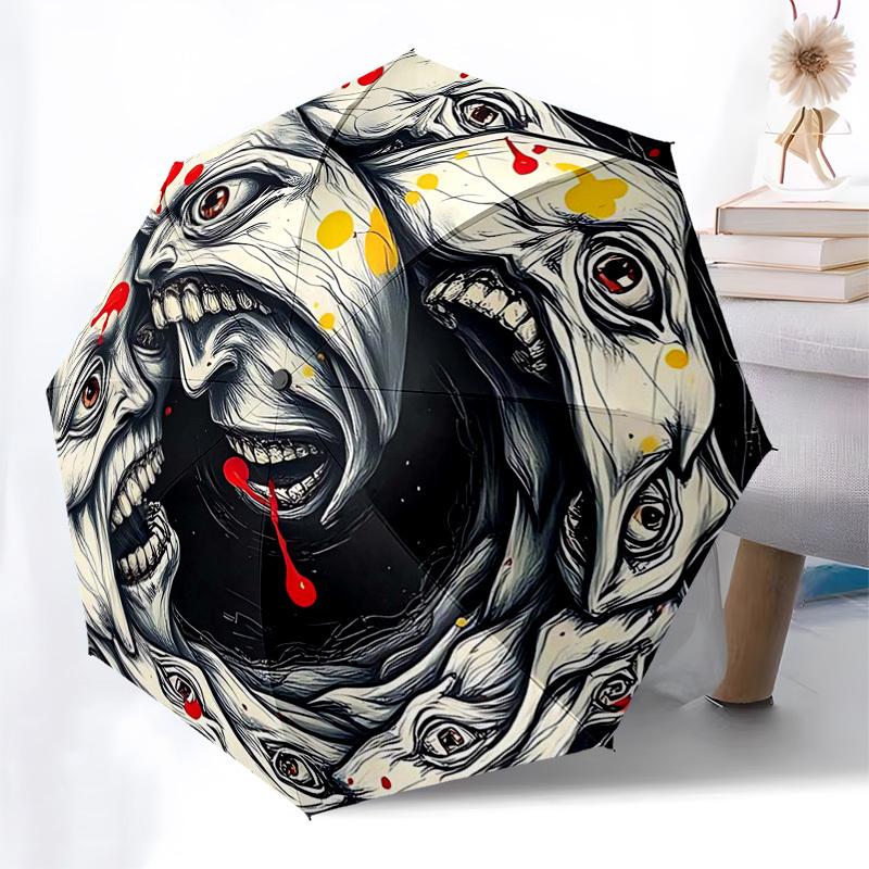 

1pc Automatic Opening/Closing Umbrella with Horror Skulls Design, Portable Tri-Fold Design, 8-Bone Iron Frame, Outdoor, Ideal Gift for Fans, Travelers