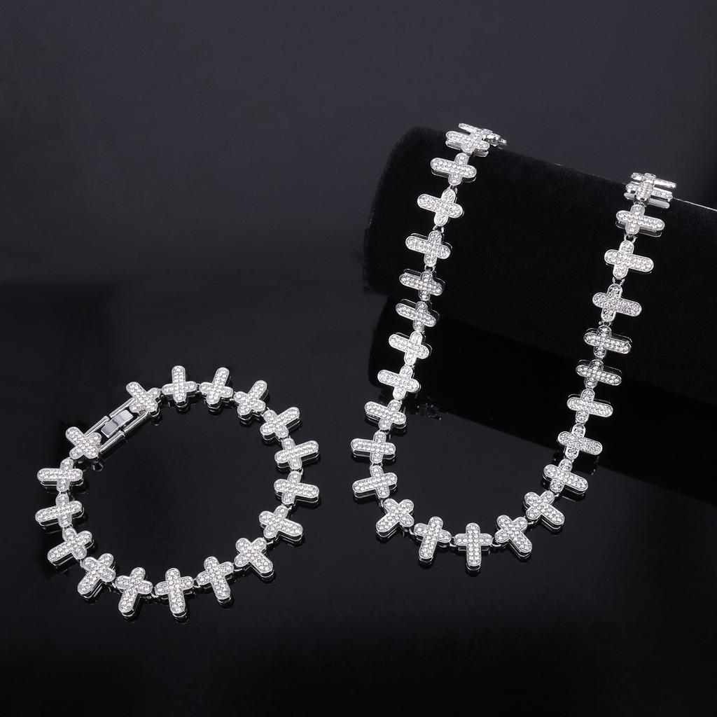 ZAKOL 20/50CM Iced Out Buling Rhinestone CZ Cross Tennis Chain Bracelet Necklace Set Women Men Fashion Hip-hop Rock Jewels