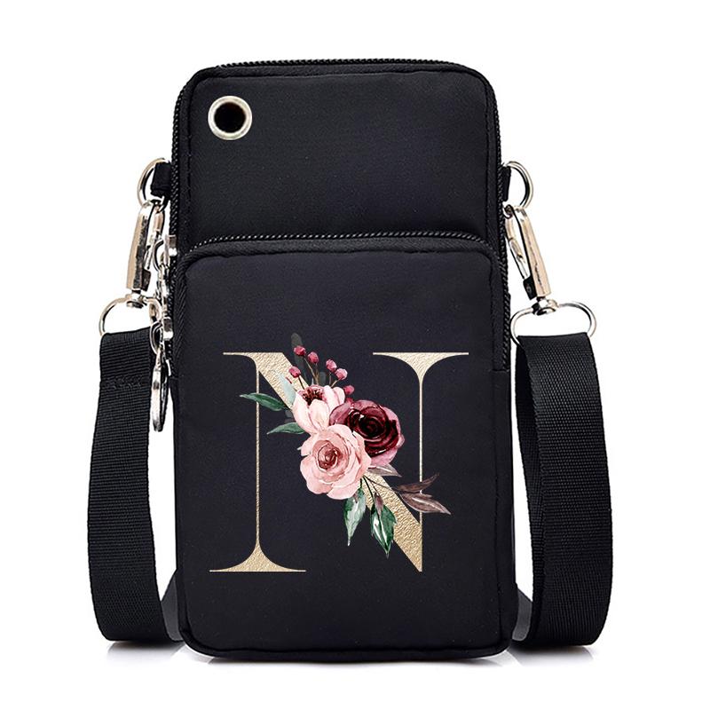 Gold Color Letters A B C D Mini Mobile Phone Bag Pink Flower Alphabet Vertical Handbag 26 Initials Flower Woman Purse Handbags