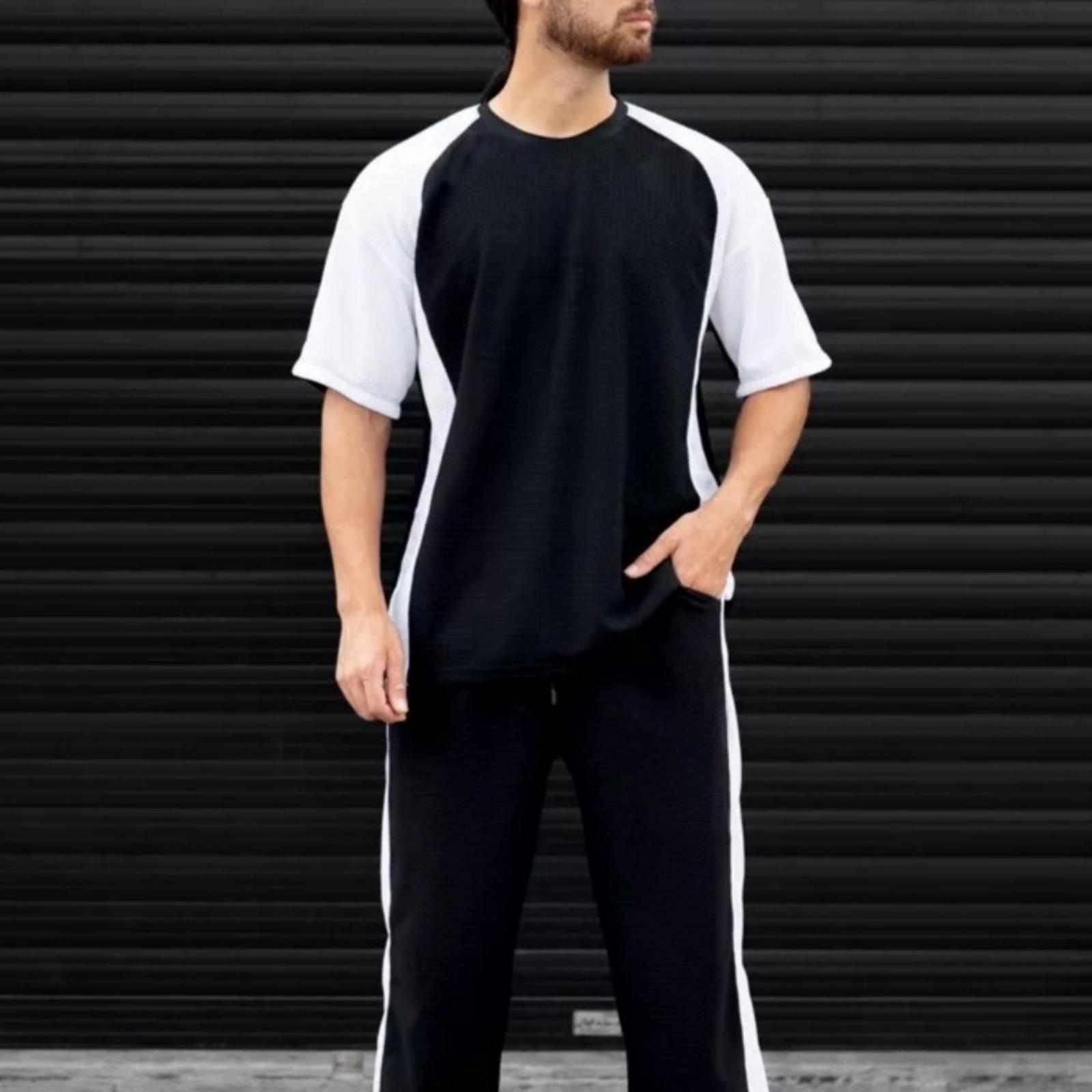 Мужской Разноцветный Пуловер с Круглым Вырезом Дышащий Спортивный Повседневный Топ с Коротким Рукавом XXL чёрный 1590₽