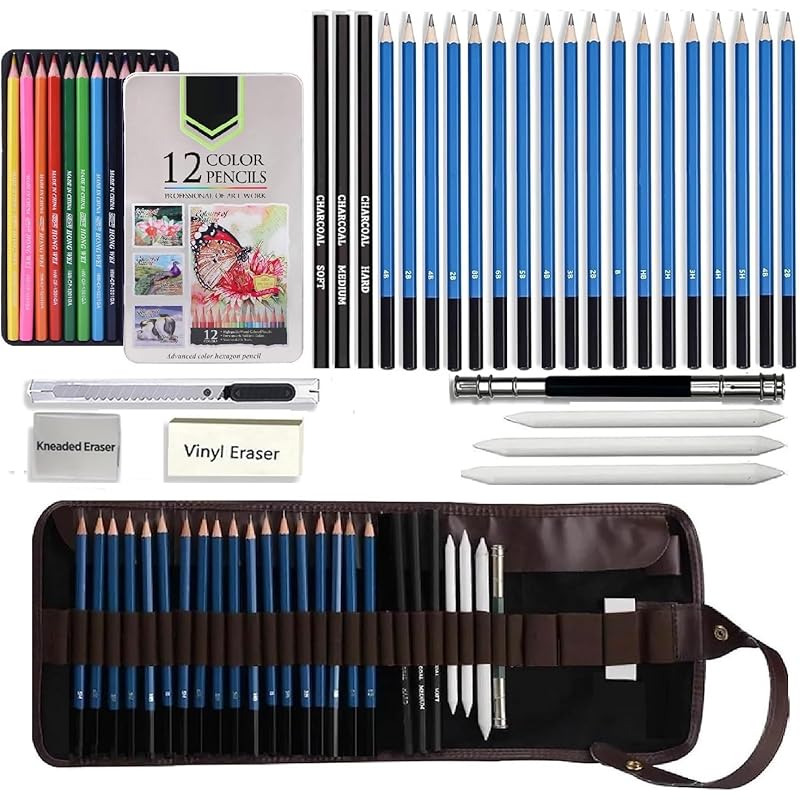 Corslet Set Of 41 Art Supplies, Includes 12 Pcs Oil Colour Pencils And 29 Pcs Drawing Pencil Set With Graphite Charcoal