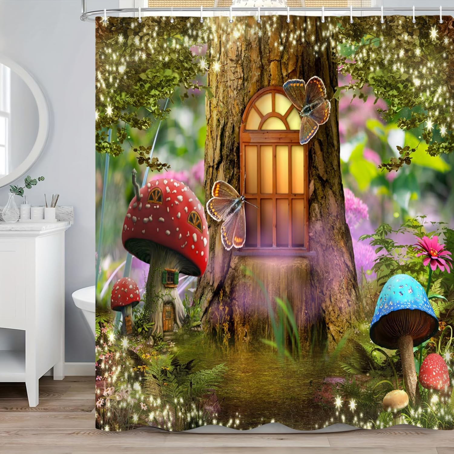 Renaiss 72X72 Inches Enchanted Forest Mushroom Shower Curtain Cartoon Magtic Old Trees House Butterflies Fairy Tale Wonderland F W60H190(CM)-1 Pcs