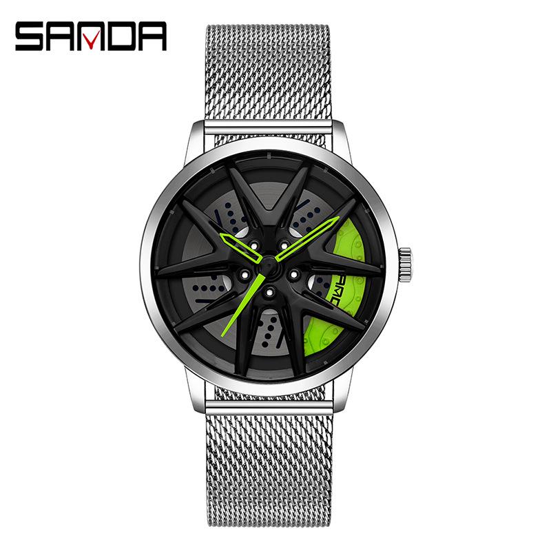 Sanda Men's Fashion Quartz Watch, Mesh Strap, Waterproof, Outdoor Casual, Hollow Wheel Dial.