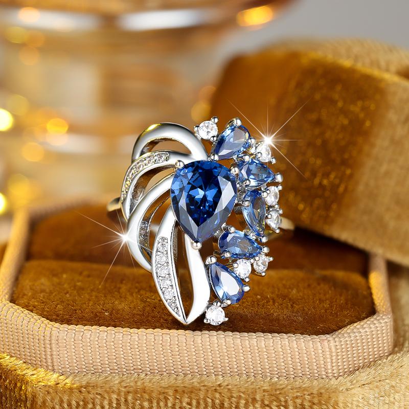 Luxury Blue Crystal Flower Rings for Women Elegant Cubic Zirconia Engagement Jewelry Accessories