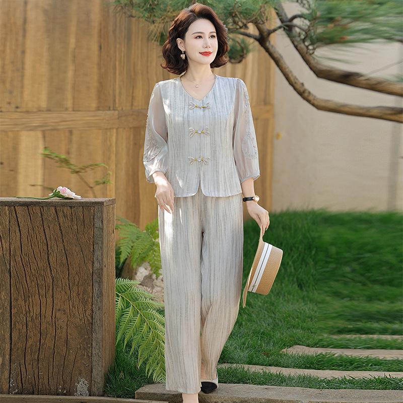 

Plus Size Women s Summer Wide-Leg Pants Two-Piece Set for Middle-Aged and Elderly 3XL (Recommended for 115-130 kg)