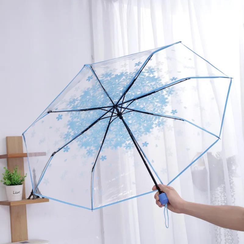 1PC Three-Fold Beauty Cherry Blossom Transparent Umbrella Rainproof Fold Umbrella Handheld Windproof
