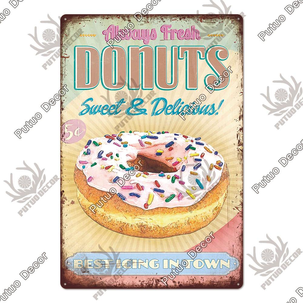 Putuo Decor Donuts Dessert Vintage Plaque Metal Plate Tin Sign Wall Art Decor Retro Poster for Kitchen Cafe Home Iron Painting