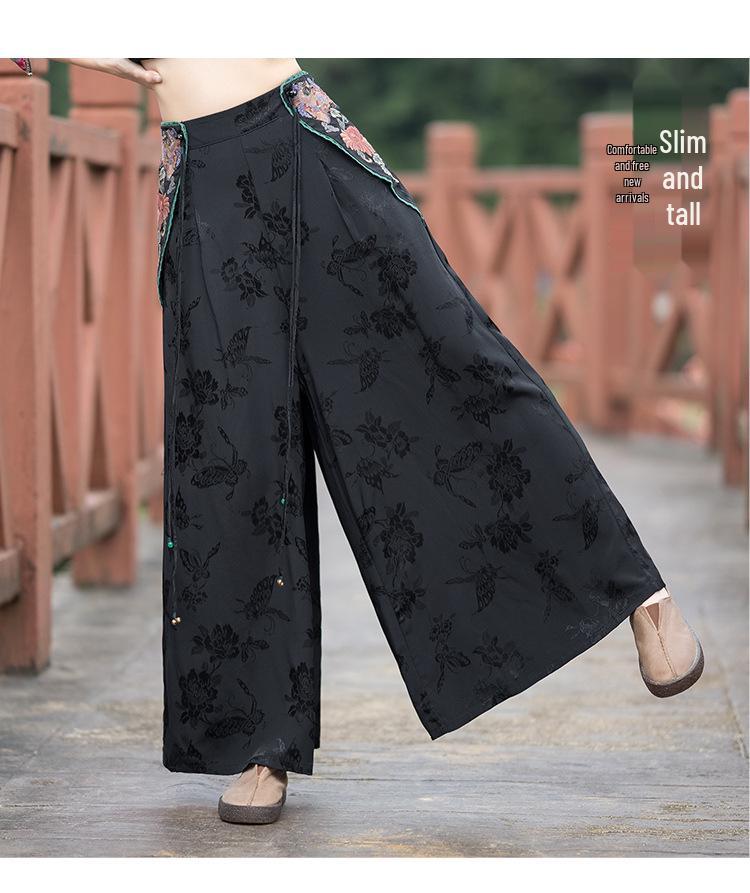 Women's Ethnic Style Embroidered Wide-Leg Pants - Casual Retro Long Trousers