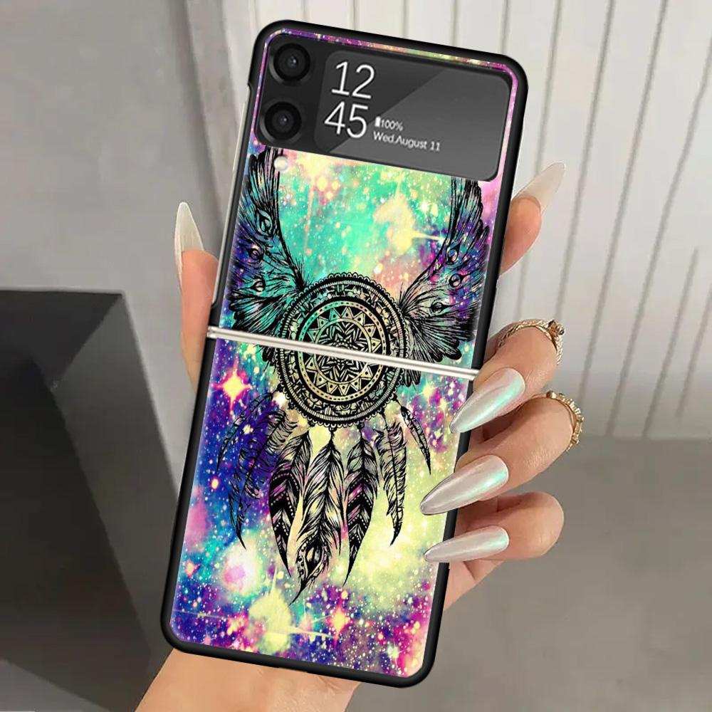 

Retro Feather Dreamcatcher Hard PC Phone Case For Samsung Galaxy Z Flip 6 5 4 3 Black Cover ZFlip6 Flip5 Flip4 5G Foldable Print Samsung Z Flip 6