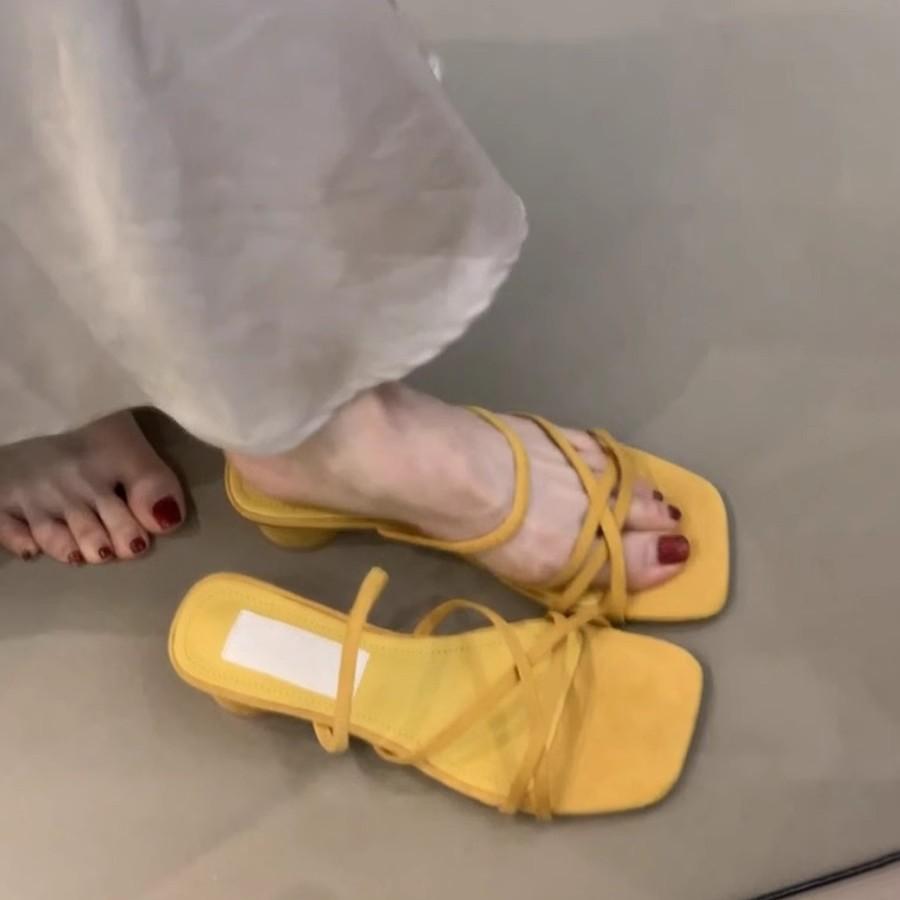Soft Leather Version~ French Gentle Thick-heeled Sandals Female Evening Breeze with Skirt Open-toed Fairy Square Head with Cool Slippers