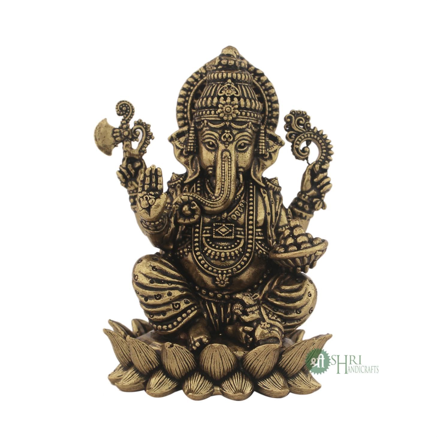 

Pure Brass Ganesha Idol For Good Luck & Worship, Ganpati Hindu God Statue, Gold