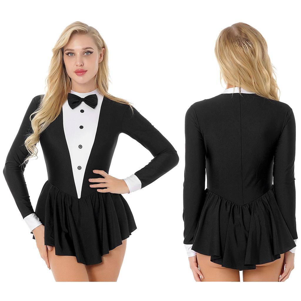 Women's Sexy Waitress Role Play Costume S-XXL: Contrast Color Tuxedo Style Dress with Bowknot Buttons & Long Ruffle Sleeves
