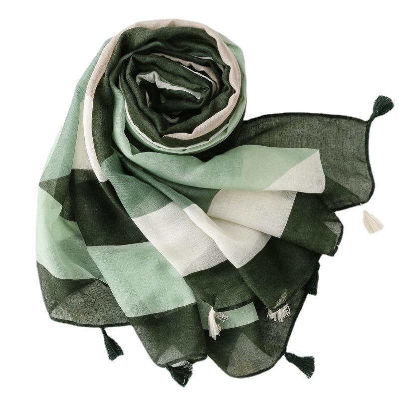 Four Season Cotton And Linen Texture Bali Yarn Thin Design Green Contrasting Geometric Fashion Fresh Travel Sun Protection Shawl For Women