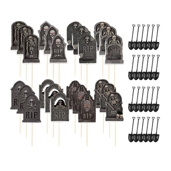 48 Pcs Halloween Cupcake Toppers Tombstones Graveyard Cake Decorations with Mini Shovel Spoons for Halloween Birthday Party Supplies