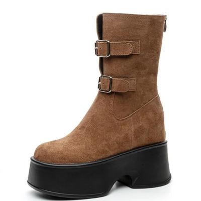 Fashion 11CM Women Genuine Leather Winter Plush Platform Boots Wedge Hidden Heel Autumn Knee High Ankle Booties Shoes Fashion Sneakers